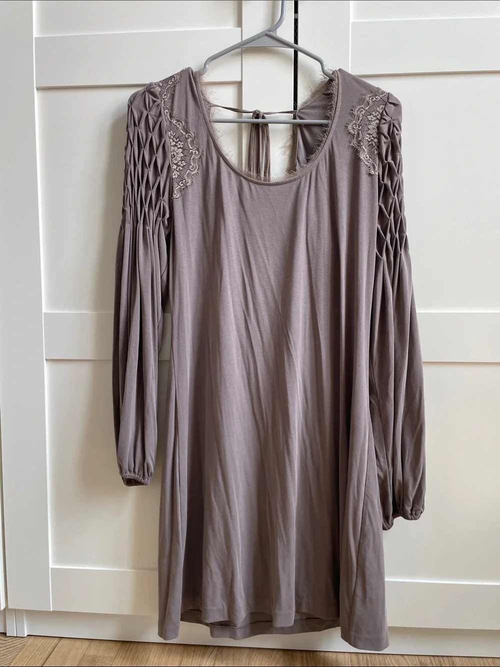 Free People Taupe Long-Sleeve Smocked-Sleeve Dress